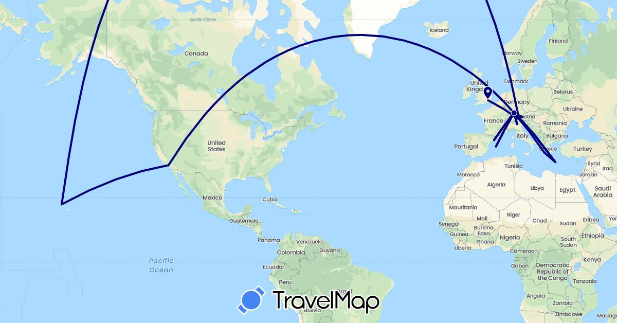 TravelMap itinerary: driving in Austria, Germany, Spain, United Kingdom, Greece, Italy, United States (Europe, North America)